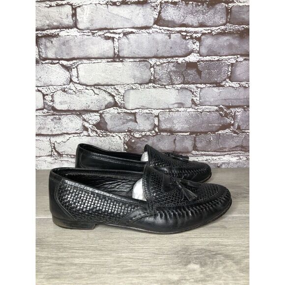 Santorini Black Leather BasketWeaves Woven Tassel Loafers Men’s Sz 9.5M US/43EU - Picture 3 of 16